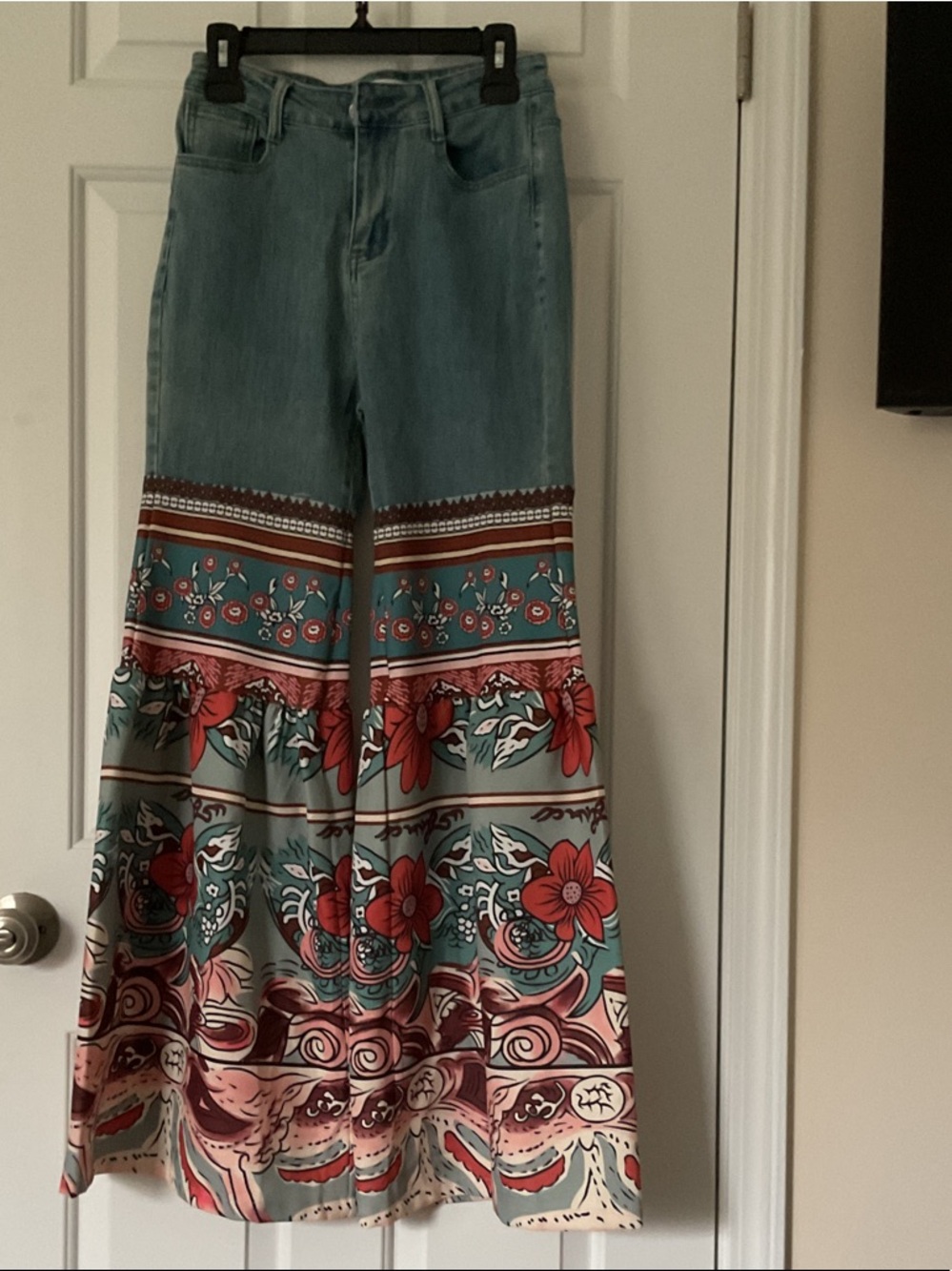 Boho Floral Wide-Leg Jeans in Teal with Red Accents